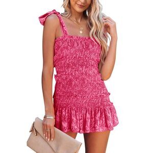 Fazortev Womens Summer Ruffle Smocked Mini Dress Sleeveless Floral Print Tiered